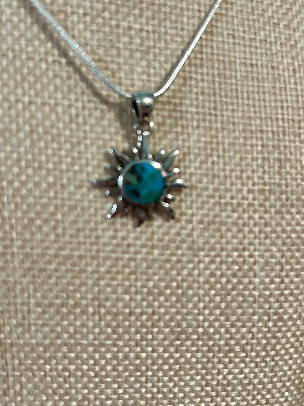 925 Sterling Silver Turquoise Sun Pendant Necklace 18" Southwest Native Style